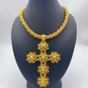 Unisex Eritrea Flower Cross Pendant Twisted Ethnic Necklace, Female-Focused Gold Color Chain & Link Jewelry for African Ethiopian Wedding Party Gift