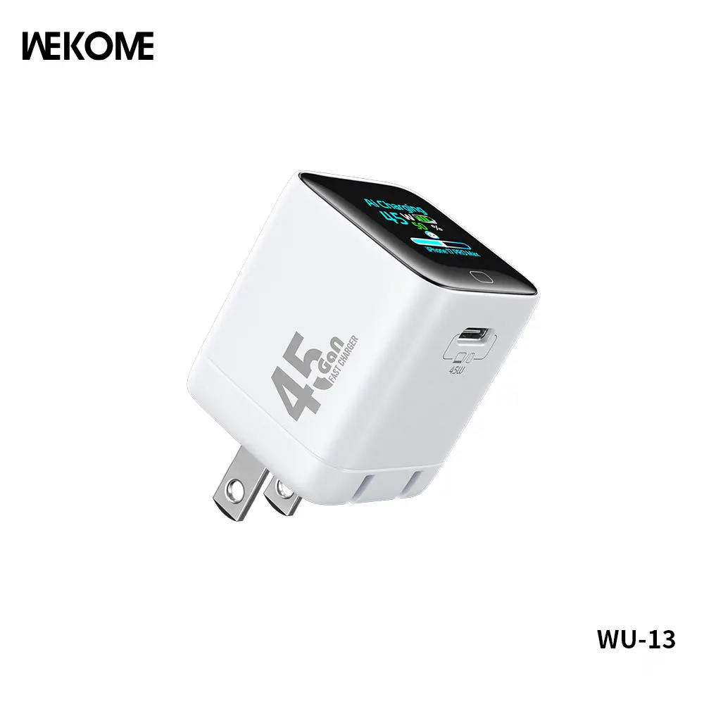 WEKOME 45W GaN Fast Charger with AI Digital Display, Digital Screen, Foldable US Plug Power Adapter for iPhone, Samsung Mobile Devices White