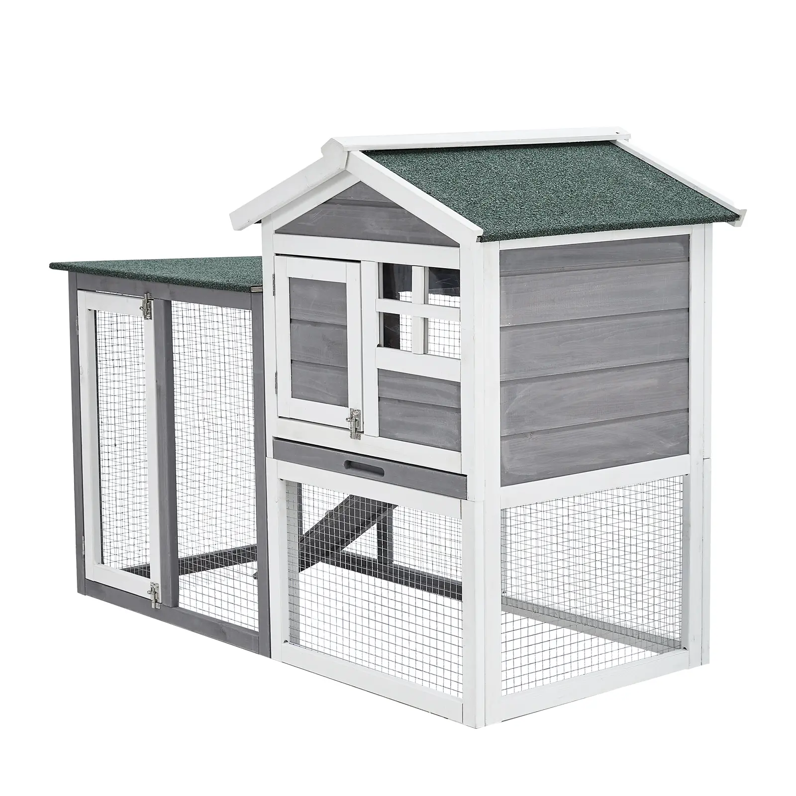 Spacious 48'' Wooden Rabbit Hutch for Small Animals – 2-Tier Indoor Outdoor Rabbit House with Leak-Proof Tray, Waterproof Roof, Lockable Doors, Easy-Clean Pull-Out Tray – Ideal Cage for Guinea Pigs, Chickens, Bunnies – Gray/White