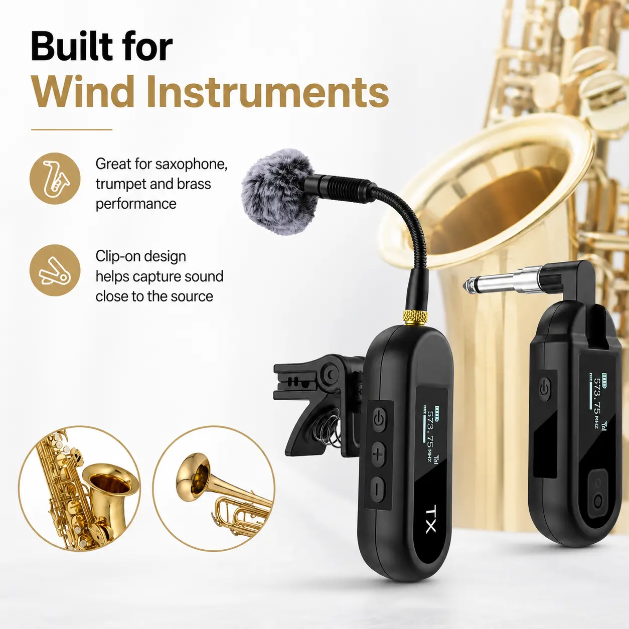 NILUNWEI Portable Saxophone Instrument Wireless Microphone, Echo Function Clip on Tuba French Horn Trumpet Trumbone Wireless Microphone