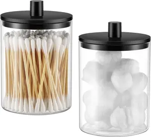 Glass Qtip Holder Set 2 Pack – 10oz Apothecary Jars with Lids, Bathroom Vanity Storage Organizer for Cotton Swabs, Pads & Floss Picks (Black)