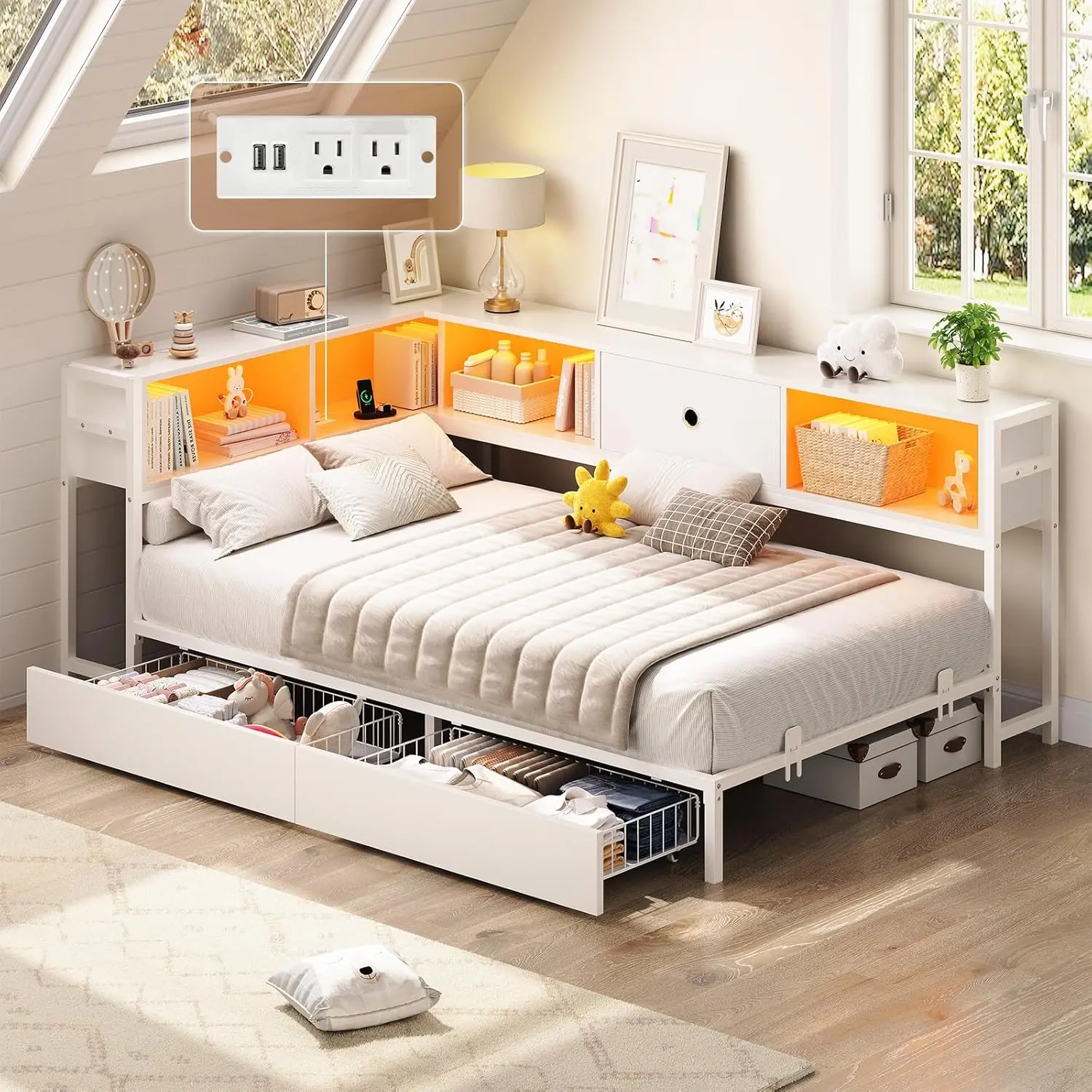 Sikaic Corner Bed Frame with Storage Drawers & Bookcase Headboard, Daybed with LED Lights & Charging Station, Metal Platform Bed for Kids, Teens, Guests, White DealsForYouDays Summerwins