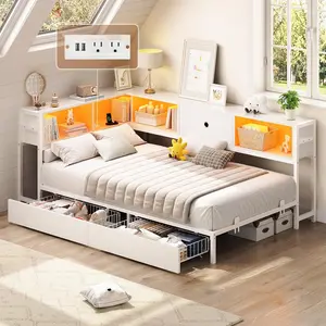 Sikaic Corner Bed Frame with Storage Drawers & Bookcase Headboard, Daybed with LED Lights & Charging Station, Metal Platform Bed for Kids, Teens, Guests, White