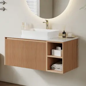 35.8'' Brown Single Bathroom Vanity with Cultured Marble Top Drawer Cabinet