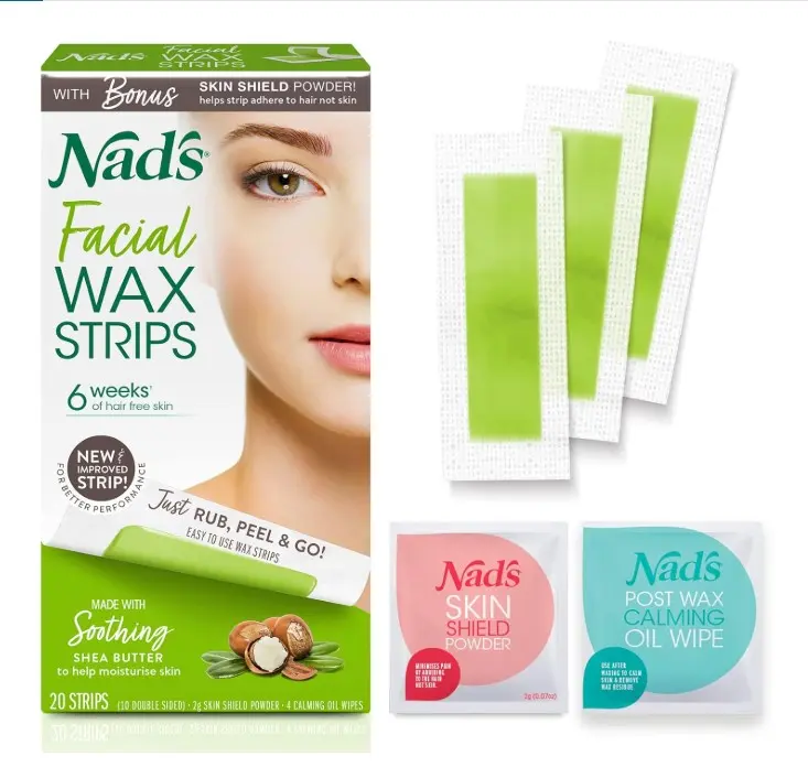 Nad's Facial Wax Strips - Hypoallergenic All Skin Types - Facial Hair Removal For Women - At Home Waxing Kit with 20 Face Wax Strips + 4 Calming Oil Wipes + Skin Protection Powder