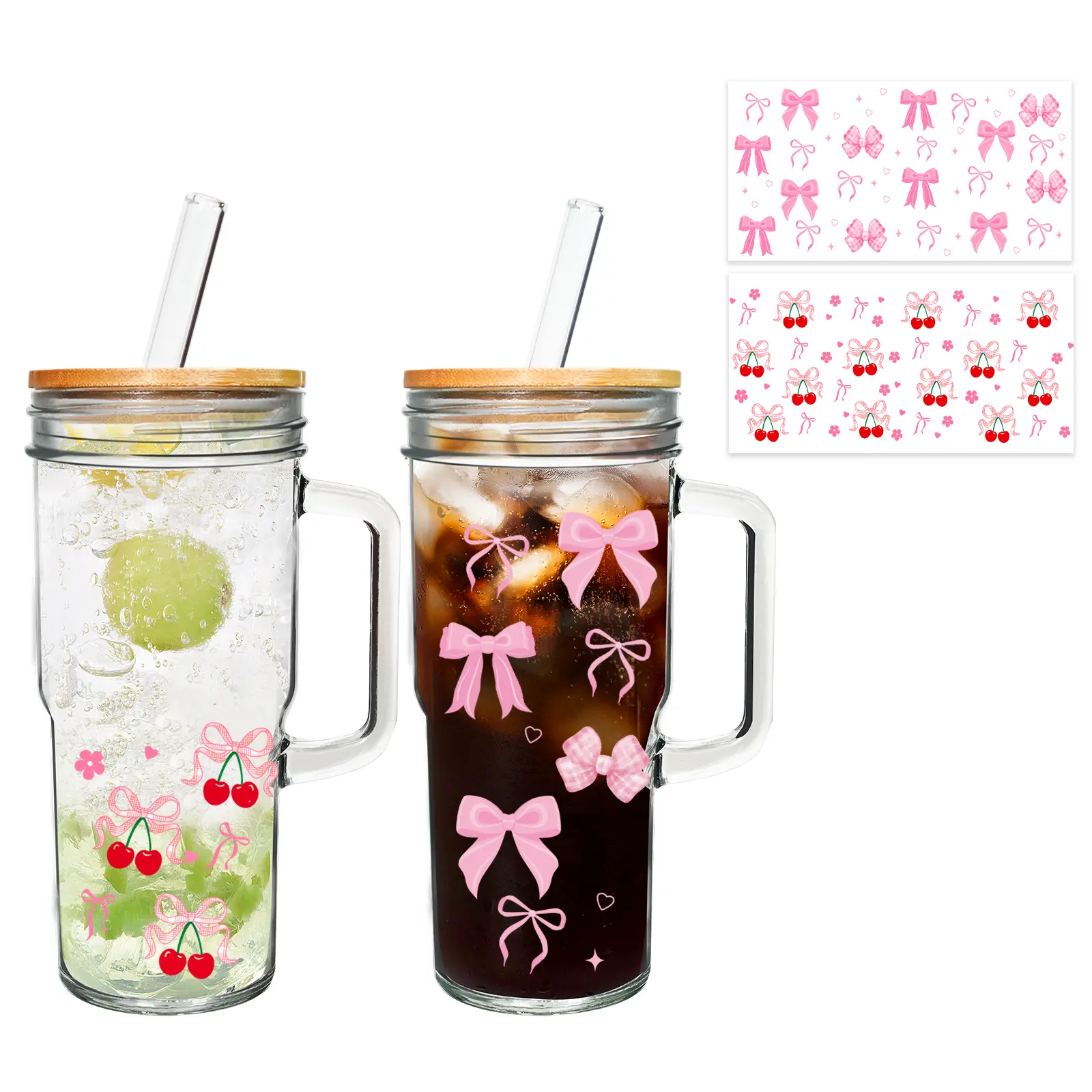 Cute DIY Glass Cup Set – 24oz Handle Cups with Cherry & Bow Crystal Stickers – 2 Pack with Lid, Straw & Scraper