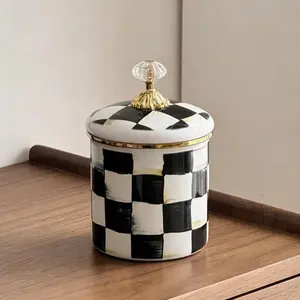 Classic Grid Pattern Ceramic Storage Jar Canister with Crystal Lid, Vintage Style, Ideal for Home Decor, Soccer Theme, Modern Aesthetic, Storage Organizer