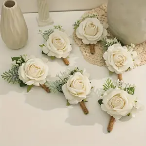 Elegant Rose Bouquet Set of 6 with Lush Leaves, Perfect for Weddings and Parties, Artificial Flower Brooches, Wedding Accessories