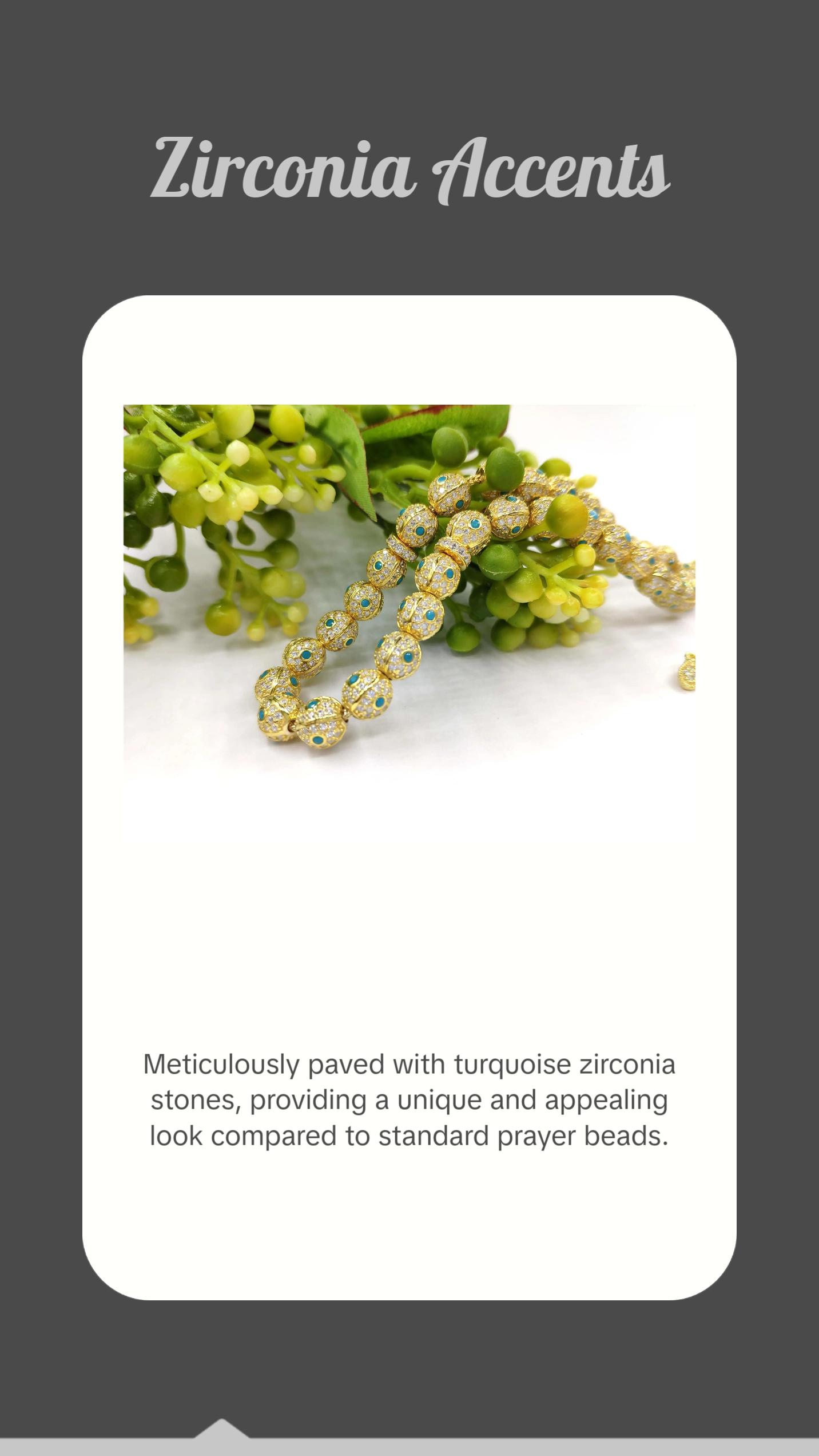 Gold Plated Sterling Silver Turquoise Zirconia Tasbih Muslim Prayer Round Worry Beads