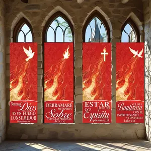 4 Pcs Religious Banners, Polyester Material Christian Holy Spirit Themed Vertical Banners with Dove Cross Sacred Flame Print Suitable for Pentecost Church Gathering Prayer Corner Living Room Interior Wall Decoration for Religious Believers