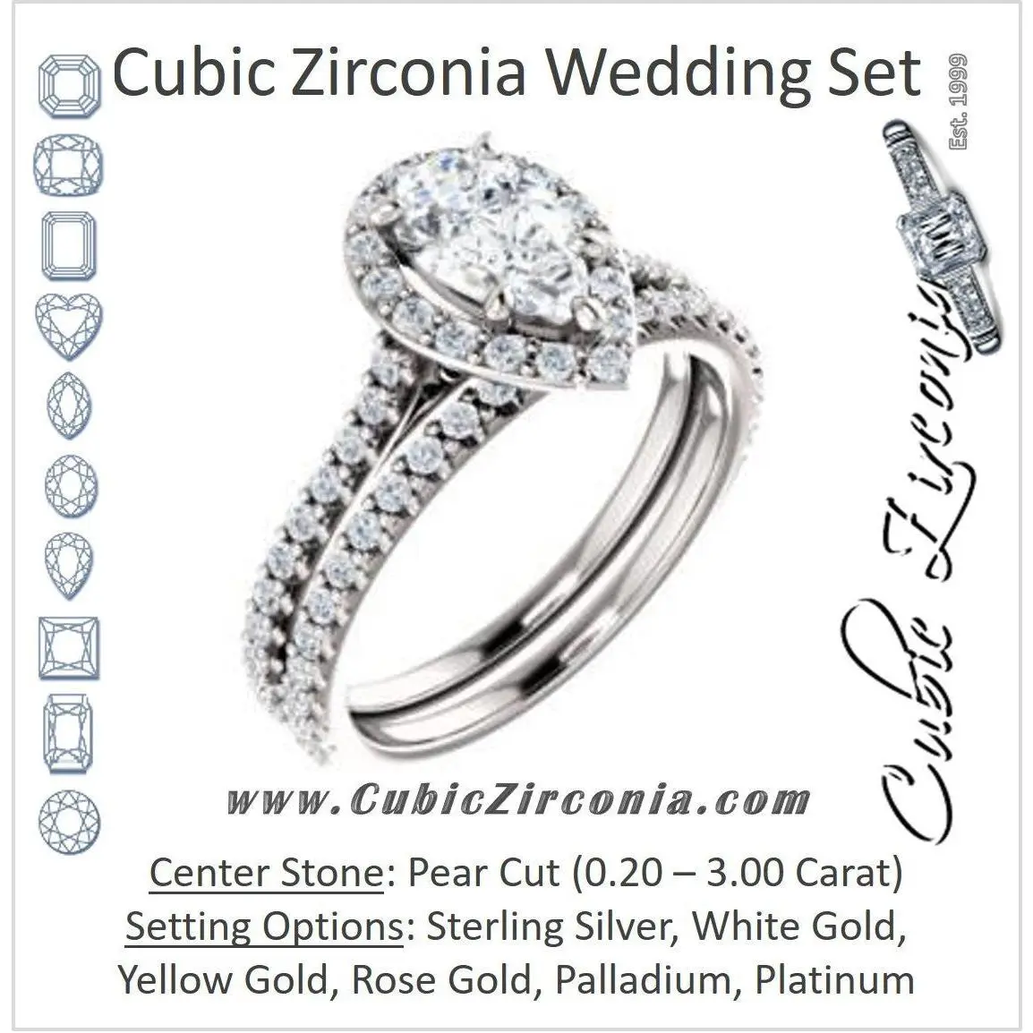 CZ Wedding Set, featuring The Bailey engagement ring (Customizable Cathedral-set Pear Cut Design with Halo, Thin Pavé Band and Floating Peekaboo)