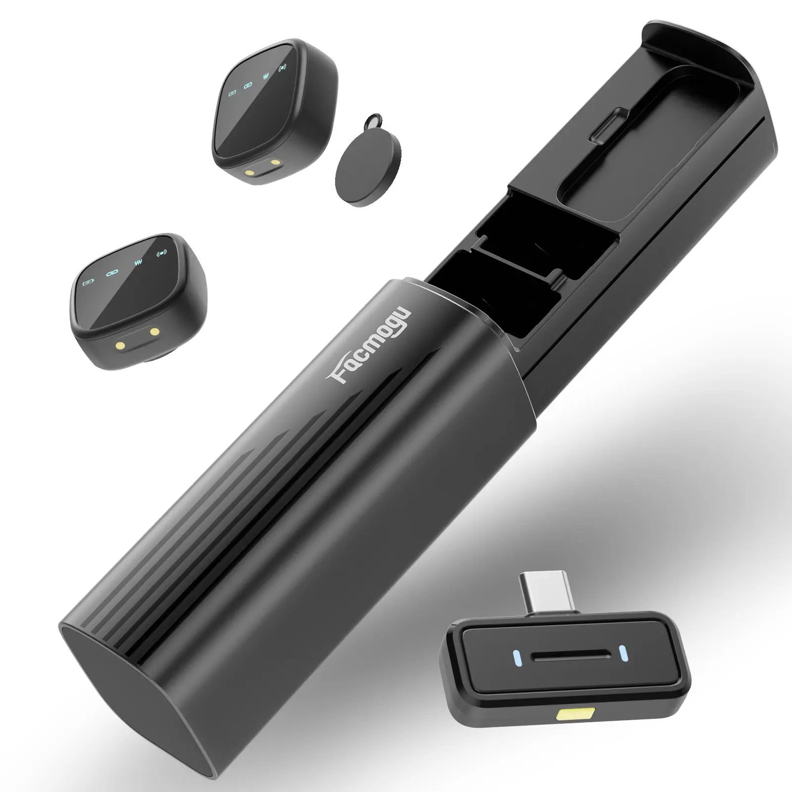 Facmogu K26 pull-out AI noise-canceling lavalier microphone (round magnetic + lavalier magnetic, with charging case), excellent sound quality, suitable for iPhone, Android, iPad, and laptops, usage scenarios: video, live broadcast