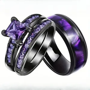 One New Style Fashionable Couple Ring Set With Artificial Zirconia in Black Filling For Women, Wedding Ring and 8mm Titanium Steel Ring For Men's Jewelry.