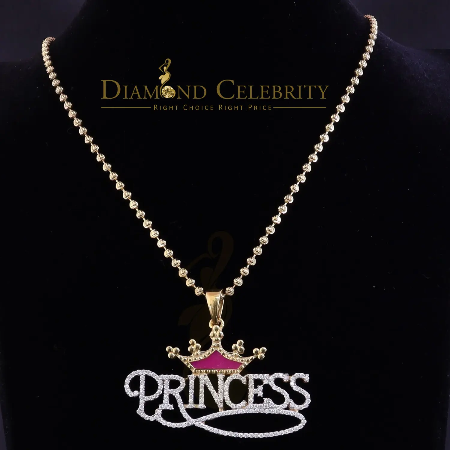 King Of Bling's 3ct Real Moissanite 925 Silver "PRINCESS" with Pink Enamel CROWN Yellow Pendant