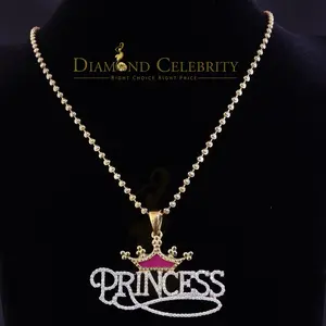 King Of Bling's 3ct Real Moissanite 925 Silver "PRINCESS" with Pink Enamel CROWN Yellow Pendant