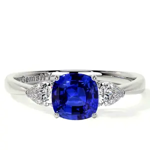 Square Cushion Blue Sapphire Three Stone Ring With Pear Shape Side Diamonds (1.54cttw)- RBS061-6X6-AAAA
