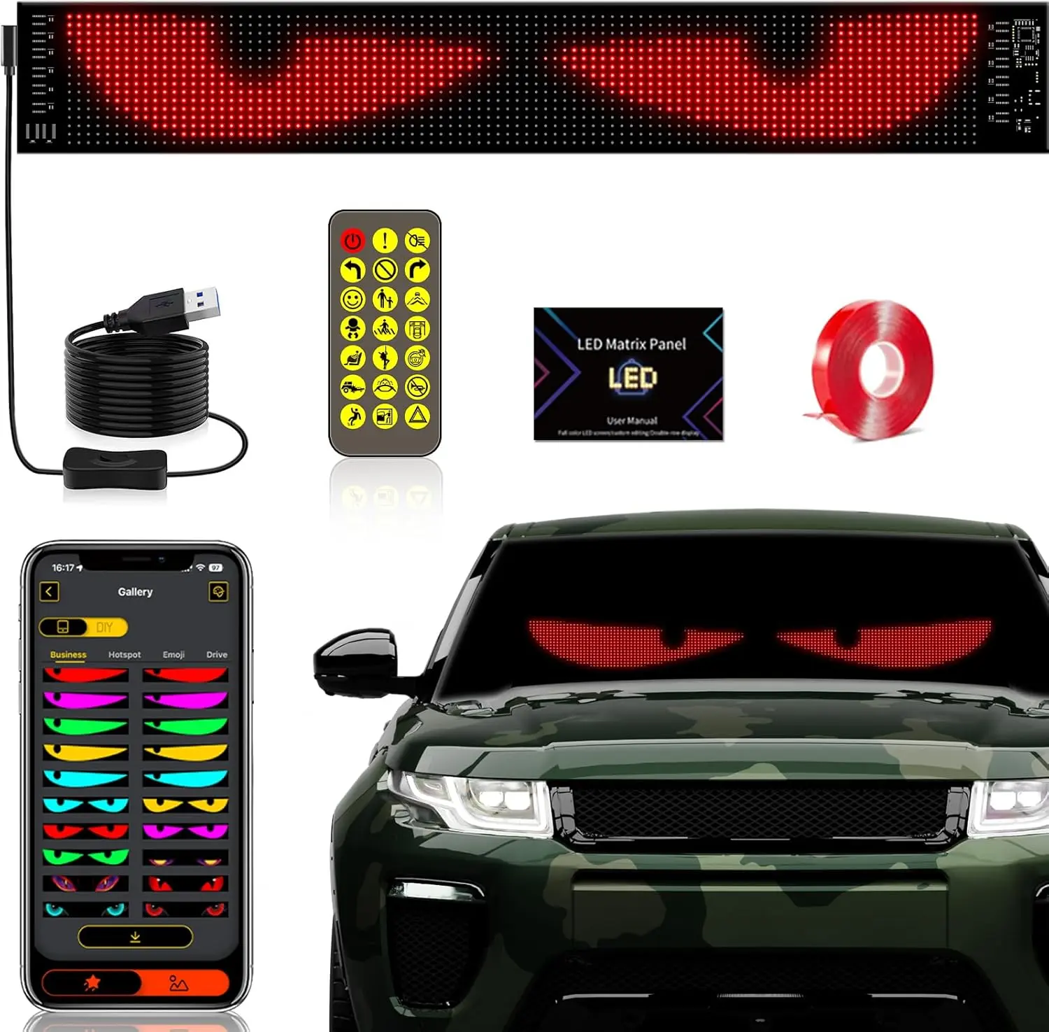 Devil Eyes Light for CarWindshield: 1PC 4Sizes Programmable LED Signs with APP & Remote Control - 5V USB Digital Lighting Display, LED Lights for Cars