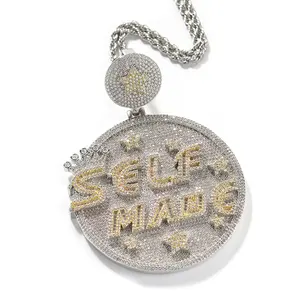 Exaggerated big heavy luxury bling iced out full cubic zircon cz micro pave round disc pendant personalized letter SELF MADE hiphop rapper jewelry necklaces for men