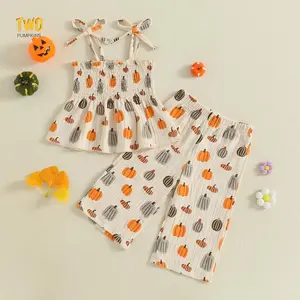 Toddler Little Girl Halloween Outfit Pumpkin Smocked Tie-up Spaghetti Strap Babydoll Tops Wide Leg Pants 2 Piece Clothes Set