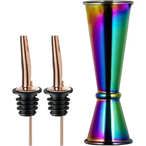 Jigger for Bartending,  Professional  Jigger, Jigger 2 OZ 1 OZ with Measurements Inside,  304 Stainless Steel (Rainbow, 1 Jigger+ 2 Pourers)