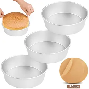 3 Packs 6 x 3 Inch Stainless Steel Round Cake Baking Pans Tins & 100pcs 6-Inch Non-Stick Baking Sheet Rounds Kraft Unbleached Parchment Paper for Wedding Birthday, Deep Side & Non-toxic, Oven & Dishwasher Safe