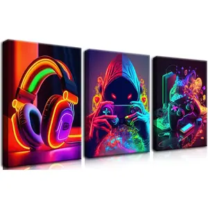 Set of 3  Gaming Wall Art Posters Featuring Colorful Headset, Controller, and Gamer Character Illustrations, Designed for Themed Decor in Game Rooms, Bedrooms, Playrooms, or Teen Boys' Rooms.