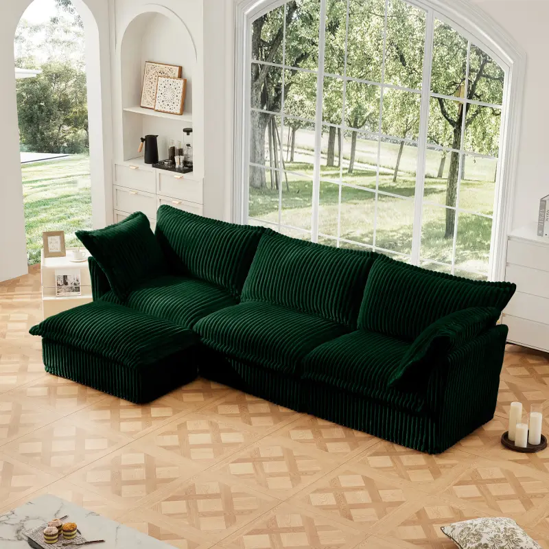 Green Corduroy L-Shaped Slipcovered Sectional Sofa Couch - Sturdy 3-Seater Oversized Modern Set with Foam Deep Seat, Convertible Ottoman, 2 Big Pillows, Removable Cover, Easy Assembly (37.4x22.44x7.87in, 63.8lbs, 300lbs Each Seat) for Living Room, Assembl