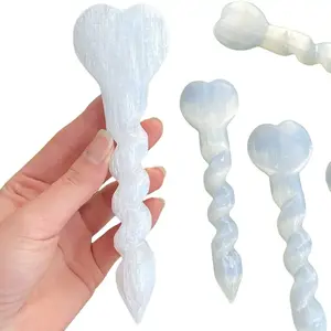 Selenite Spiral Wand With Heart Quartz Stones Reiki Crystals Healing Energy Massage Stick Home Ornament Body Care Friend