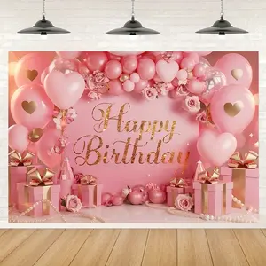 Happy Birthday Banner, Golden Text Balloons & Rose Design, Indoor Outdoor Party Decorations, Wall Hanging Backdrop, No Electricity Required, Party Decorations Banners