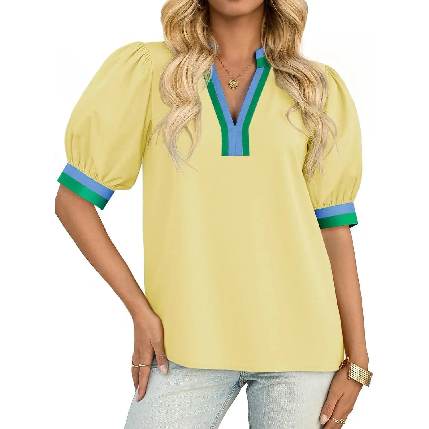 TANKANEO Women's Colorblock Puff-Sleeve & Short-Sleeve Cotton Blouse - V-Neck, Loose-Fit, Dressy Casual Summer Clothes, Suits Women with Jeans, Statement Design