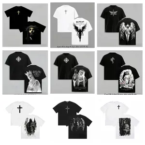 Oversized Gothic Christian Streetwear T-Shirts Collection | Jesus Christ Crown of Thorns, Gothic Cross, Dark Fallen Angel & Repent Print Faith-Based Tees - Heavyweight Black & White Religious Graphic Tops for Men & Women, Casual Streetwear