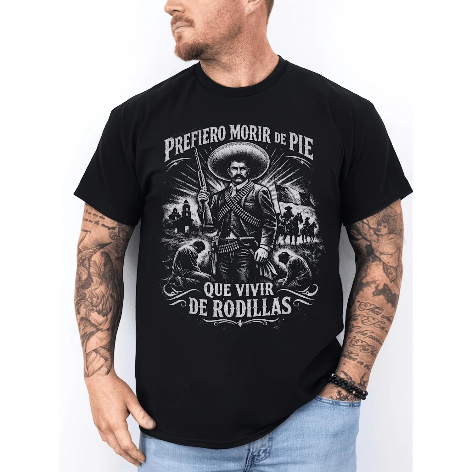Men's Emiliano Zapata Historical Icon T-Shirt, Mexican Revolution Crew Neck Tops, 100% Cotton Basic Tee with Heat Transfer Portrait Print, Short Sleeve Regular Fit Casual Mexican Apparel, Gift for Friends, Round Neck graphic shirts short sleeve humor grap