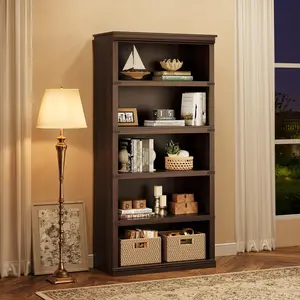 5 Tier Bookcase, Farmhouse Book Shelf with Storage, 67.4 Inch Tall Open Display Bookshelves,Wooden 5 Shelf Bookcase for Living Room,Bedroom - Cherry pantry  cabinet tier bookcase