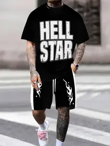 Summer Men's Street Style Hell Star Letter Print Short Sleeve Set, Breathable Comfort Sport Casual T-Shirt and Shorts Two-Piece Set