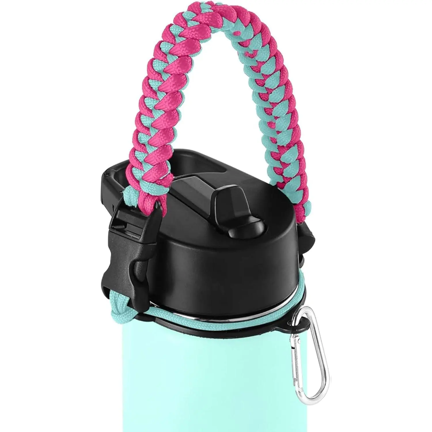 Paracord Handle - Fits Wide Mouth Water Bottles - Durable Carrier, Secure Accessories, Survival Strap Cord, Safety Ring, and Carabiner - Seven Core Paracord Bracelet