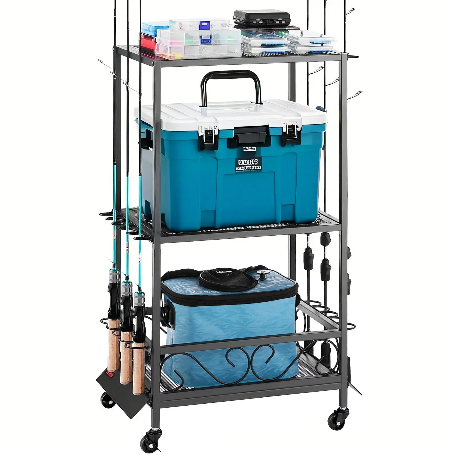 Freestanding Fishing Rod Rack and Tackle Organizer, Mobile Storage Cart for 10 Spinning Casting Rods with Shelves & Locking Transport Wheels - Fishing Organizer Accessory for Husband, Stores Rods Plus Tackle