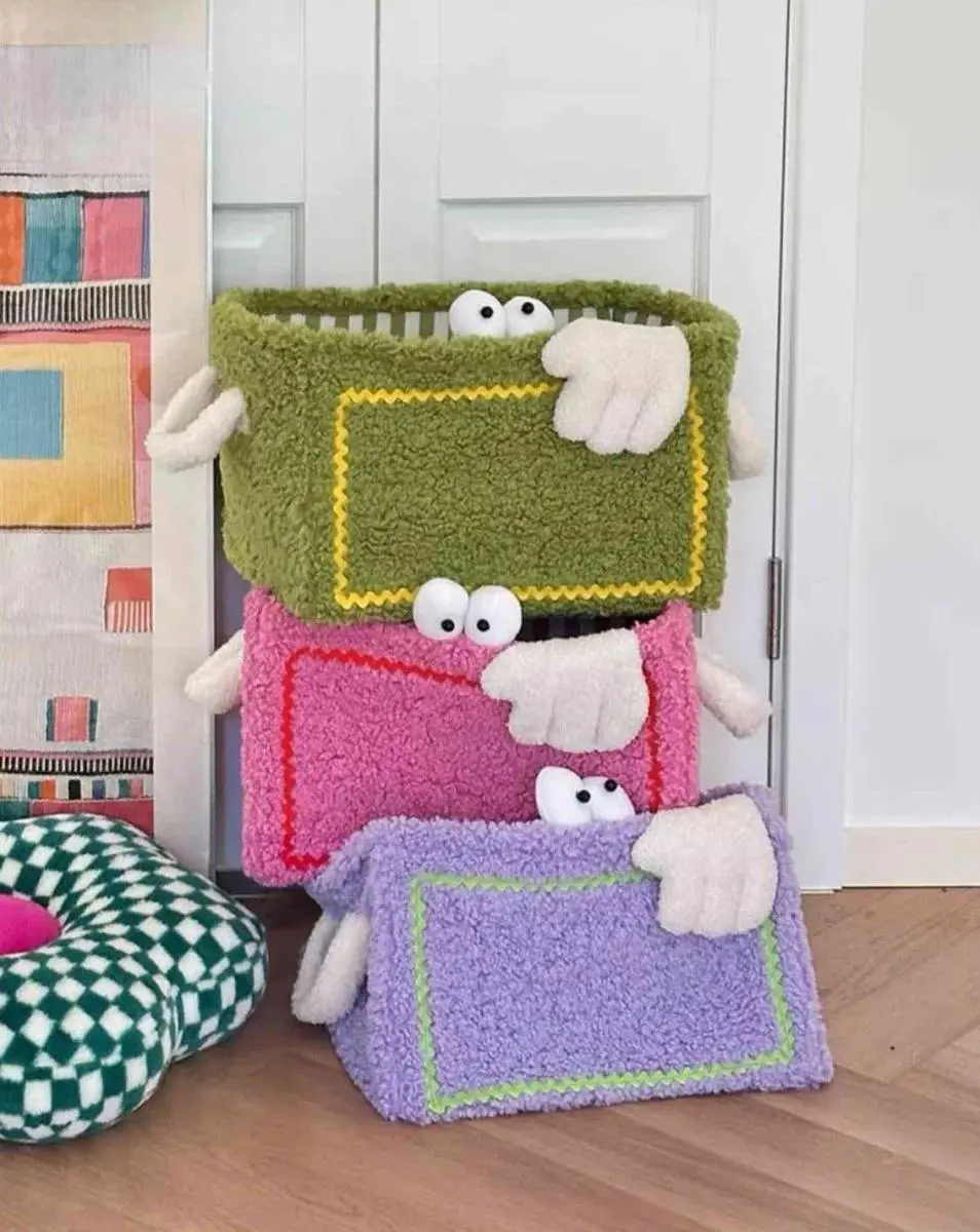 Whimsical Eclectic Big Eyes Plush Cute Laundry Storage Baskets - Heavy Berber Fleece Maximalism Inspired Bag for Kids Children with Comfortable Handle