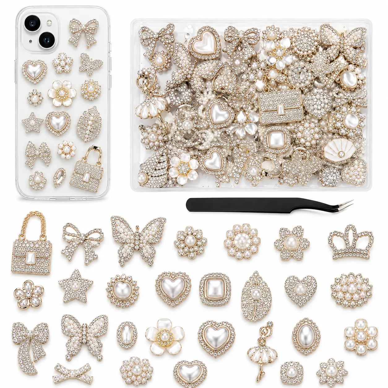 Assorted Ivory Acrylic and Resin Flatback Charms Kit with Tweezers, Pearl Rhinestone Bows, Flowers and Butterflies for DIY Junk Phone Cases, Decoden Crafts, Hair Bows and Scrapbooking (Without glue)