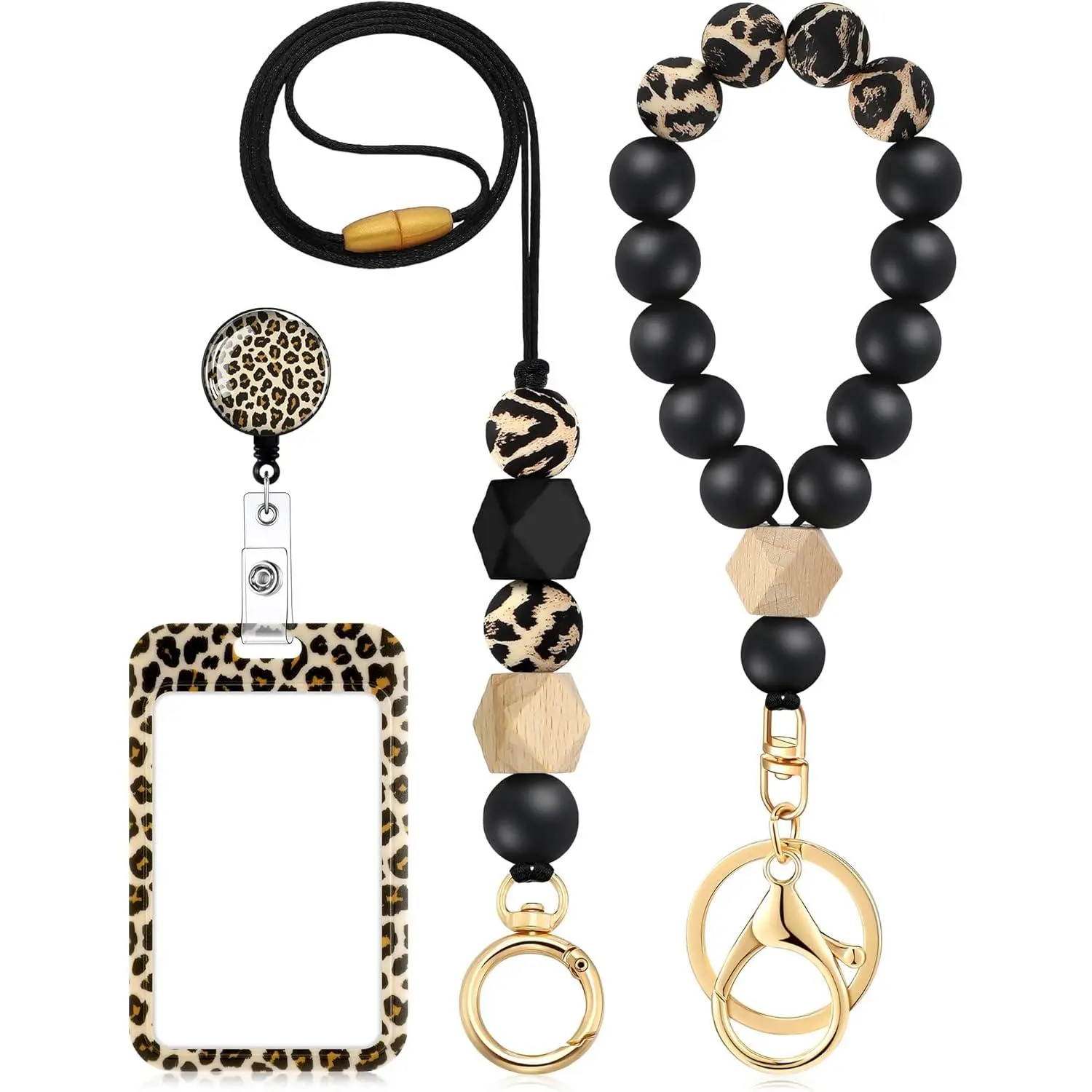 SQ-KC074 4 Pcs Teacher Lanyards for ID Badges and Keys Leopard Lanyard Badge Holder Silicone Beaded Breakaway Keys Accessories(Cool Leopard)