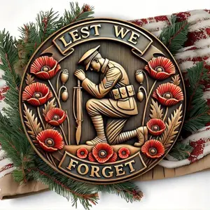 Vintage military tribute wall sign, round aluminum sign, soldier silhouette and poppy pattern, suitable for durable decoration in homes, gardens, bars, coffee shops