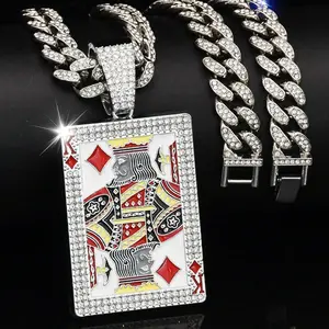 Men's Poker Card King of Diamond CZ Large Pendant 13mm 20" Iced Cuban Chain Necklace Jewelry Gold / Silver Tone Fashion Accessory