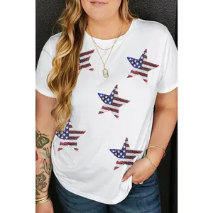 Plus Size Sequin Star Round Neck Short Sleeve T-Shirt