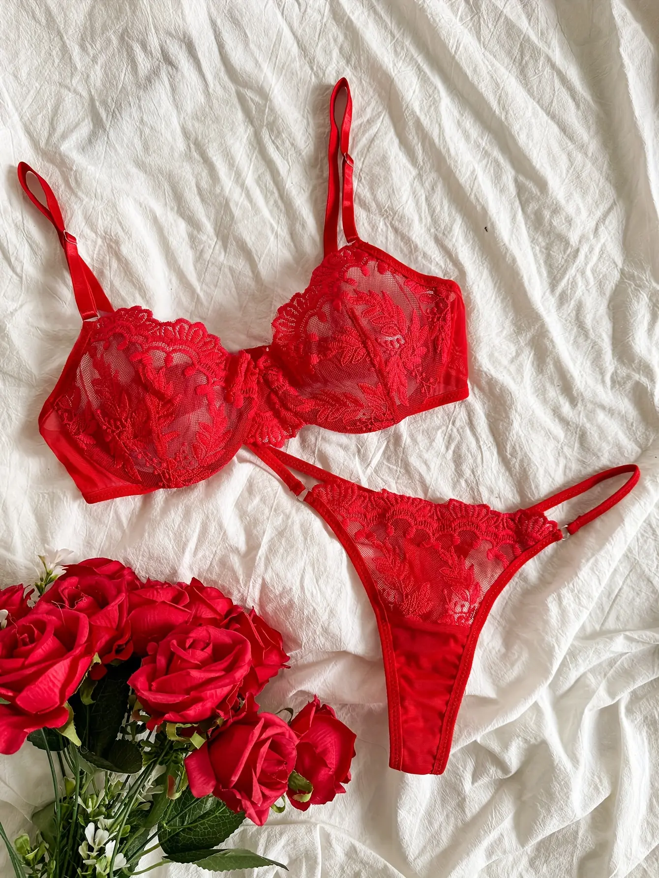 Romantic Embroidered Lingerie Set - Underwire Sheer Bra & Mesh Thong Panties - Feminine Delight for Women