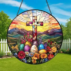 Easter Cross Suncatcher, Christian Easter Window Hanging, Stained Glass Cross Decor, Religious Easter Gift, Spring Floral Window Decor