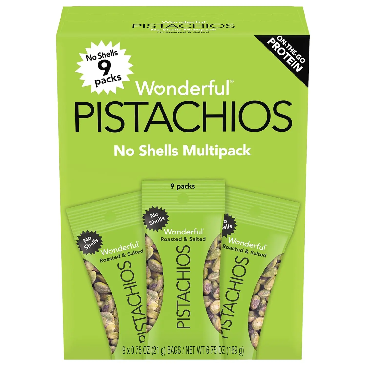 Wonderful Pistachios No Shells, Roasted & Salted Nuts, 0.75 Oz (Pack of 9) | Protein Snacks, Gluten Free, On-the-Go, Salty Individually Wrapped Snacks, Savory, Office Snacks, Lunch, Travel, Airplane