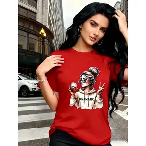 100% cotton "Cool Wind Hand-drawn Cool Girl" printed T-shirt, featuring a casual peace sign and wine glass design, regular fit, comfortable fabric, suitable for everyday casual wear