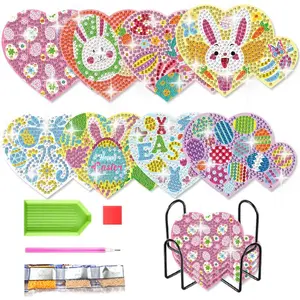 DIY Diamond Arts Colorful Painting Kit, 8 Counts/set Easter Themed Diamond Arts Colorful Painting Coaster with Holder, DIY Decorative Craft for Home Office, Diamond Painting Kits