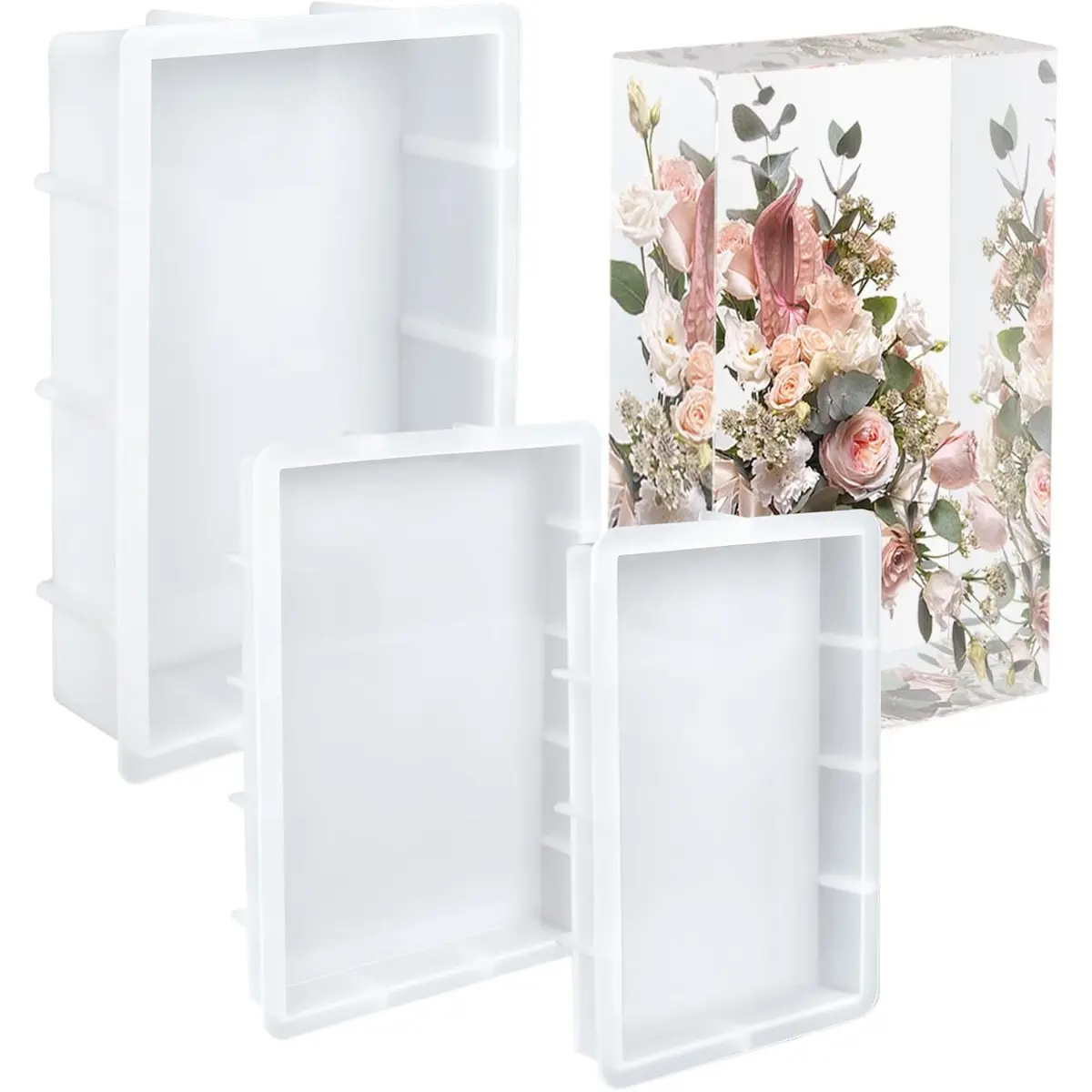 3pcs Reusable Rectangular Deep Pour Resin Molds - 3-Sizes Epoxy Resin Casting Silicone Moulds for Home Furniture Decoration, DIY Wedding Bouquets, Valentine's Day Gifts, Candle Making, Preserving Flowers, 7.7"L X 4.5"W X 0.8"H