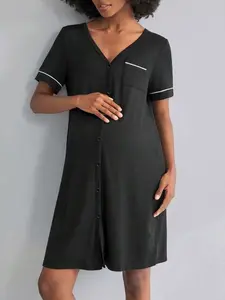 Maternity Nursing Nightgown - Short Sleeve Button Front Pajama Dress, Comfortable Sleep Shirt