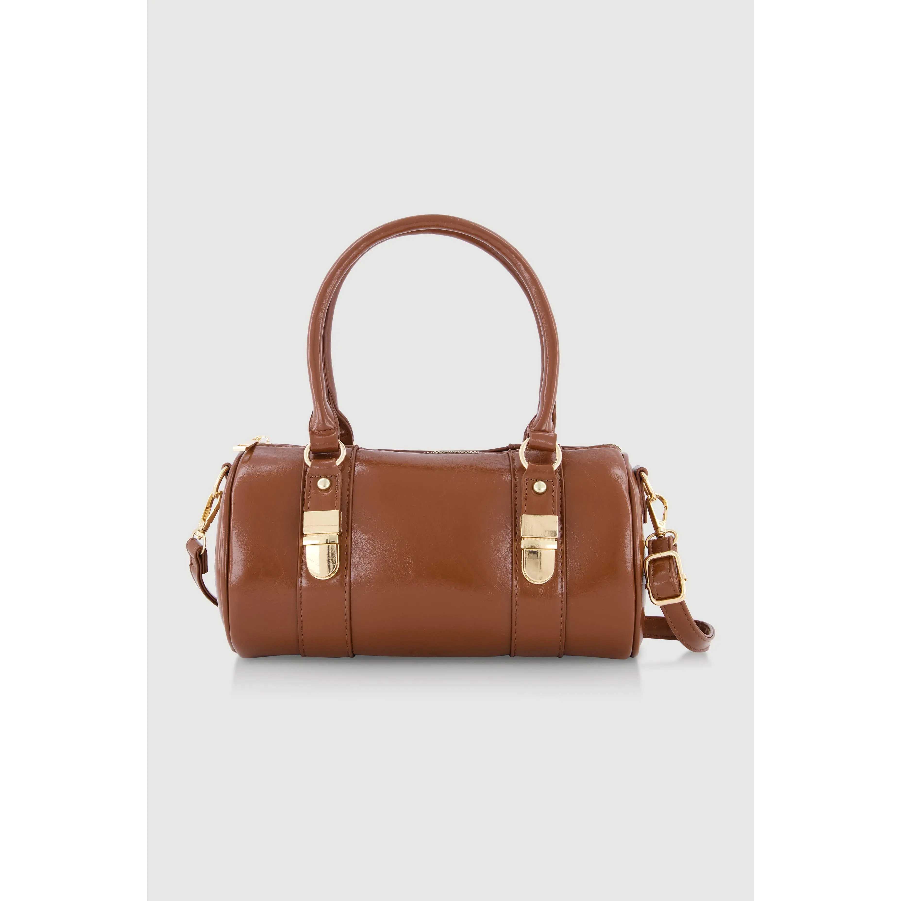 Faux Leather Double Handle Convertible Barrel Bag